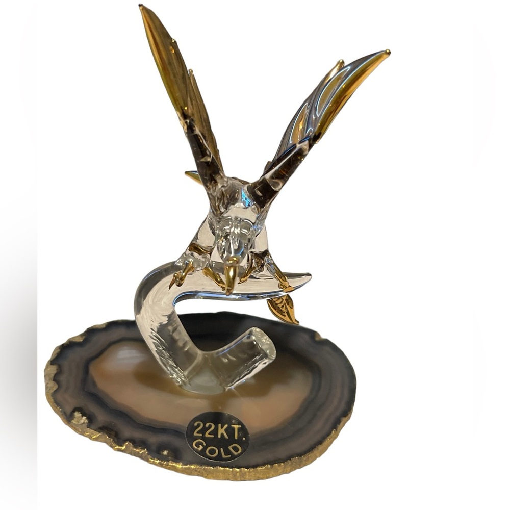 Glass Baron: Glass Eagle on Polished Stone With 22 kt Gold Accents Vintage